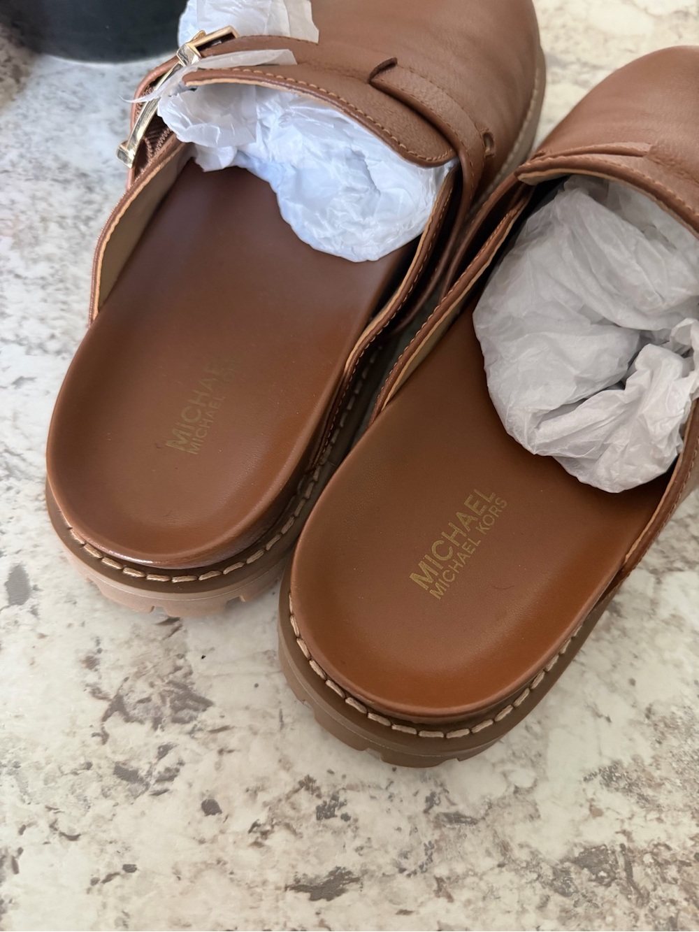 Michael Kors Brown Leather Buckle Clog Mules - Picture 3 of 4